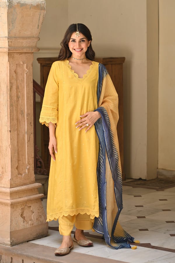 Yellow Mul Chanderi Lace Kurta Blue Lehariya Set — MAHEE JAIPUR