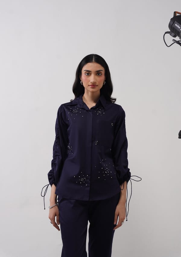 Navy Rhinestone Embellished Relaxed-Fit Cotton Shirt — AMOSHI