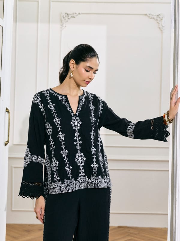 Black Cotton Embroidered V-Neck Top with Lace Cuffs — Style Island