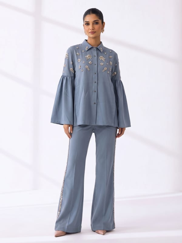 Stone Work Pleated Cape With Side Sequins Pant — RUCHIKA MALLIKA LABEL
