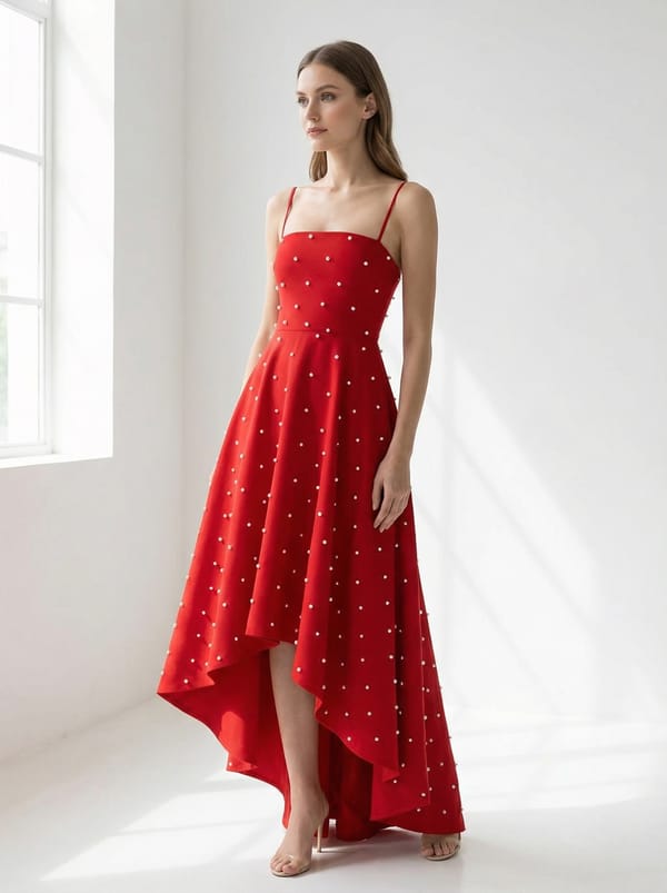 Red Pearl-Like Studded High-Low Fit and Flare Dress — OZEQO