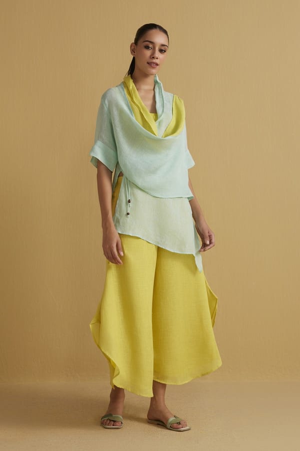 Aqua Gauze Linen Cape with Yellow Contrast Panel — YELL