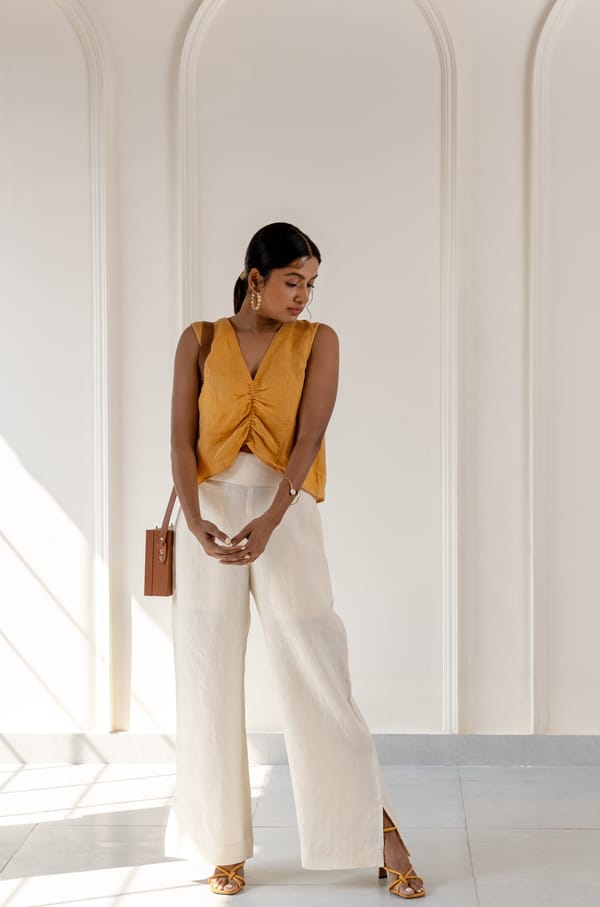 Cream Linen Wide-Leg Trousers with Side Slits — HEADSTRONG