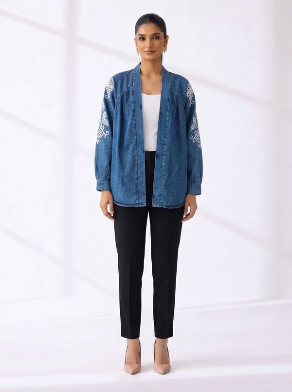 KOYU MAVI Denim Open-Front Jacket with Sleeve Embroidery — MISS ALLOS