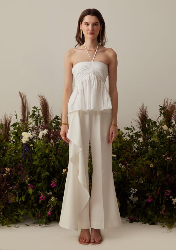 White High-Rise Flared Trousers with Cascade Drape — AMOSHI