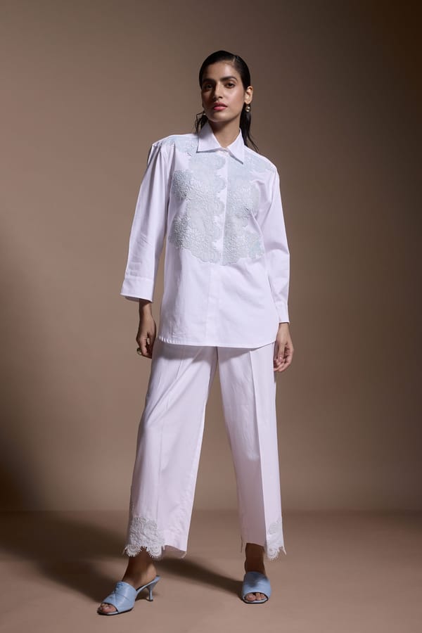 White Cotton Poplin Shirt with Powder Blue Lace Applique — Dash and Dot