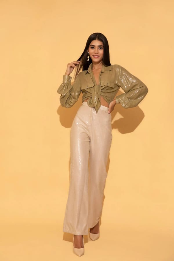 Cream Sequin High-Waist Flared Trousers — Torqadorn