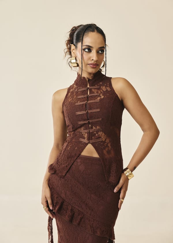 Santorini Espresso Lace Frog-Button Top — Lea Clothing