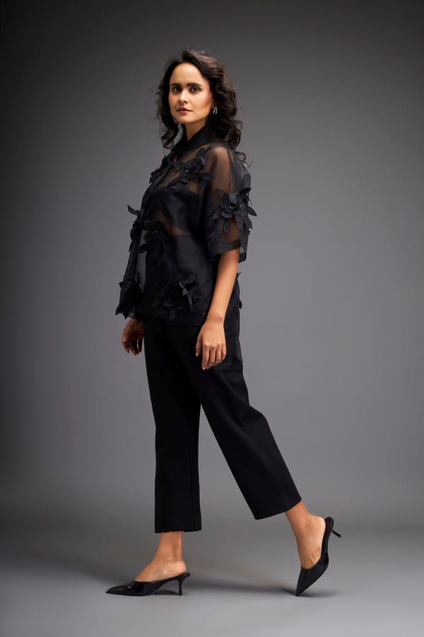 Floral Applique High-Low Sheer Top with Tube & Pants — Deepika Arora
