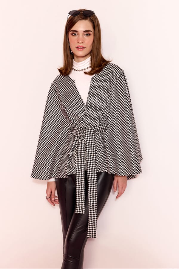 Black/White Herringbone Tweed Belted Cape — AVERIE
