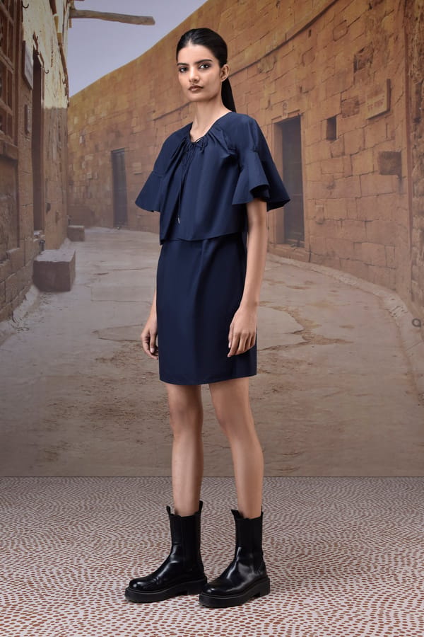 Navy Cotton Poplin Mini Dress with Flounce Sleeves — Genes Lecoanet Hemant