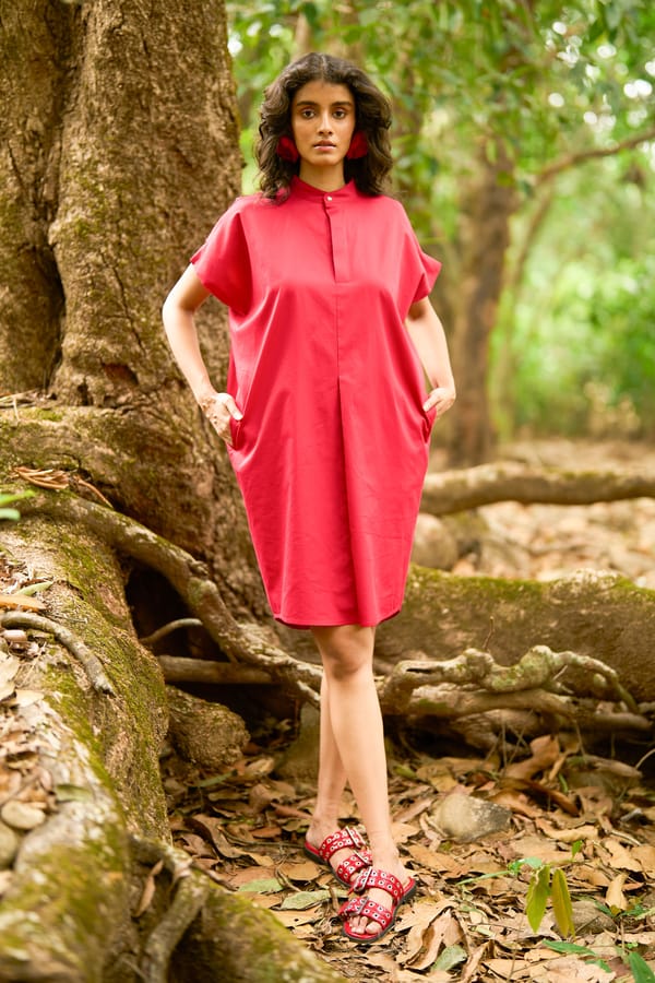 Red Relaxed Popover Shirt Dress with Mandarin Collar — Dash and Dot