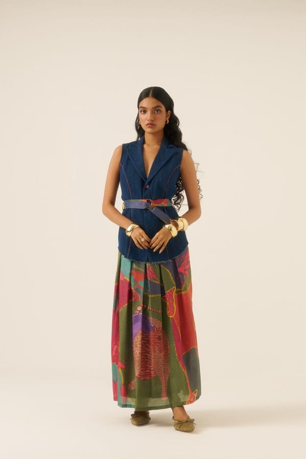 Multicolor Belted Denim Waistcoat with Lapel Collar — ANANYA AGARWAL