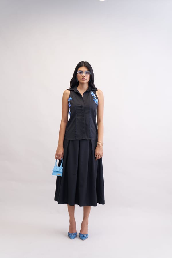 Black Suiting A-Line Midi Skirt with Box Pleats — Our Love
