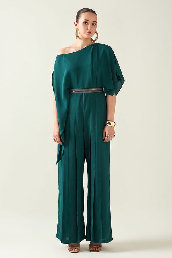 Bottle Green Jumpsuit With Belt — Aakaar