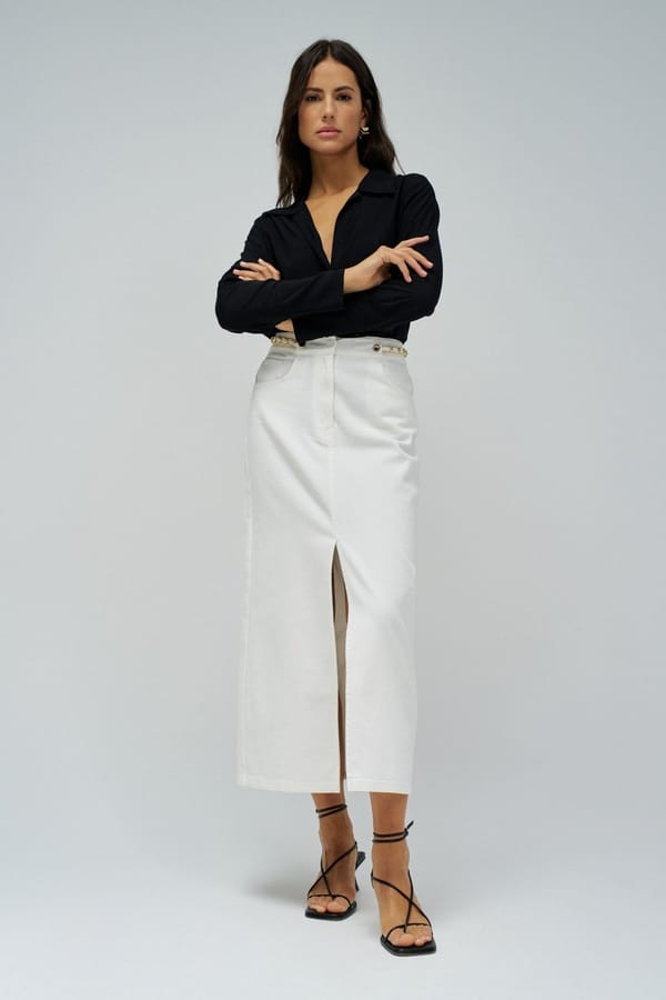 White High-Waist Denim Midi Pencil Skirt with Slit — SALSA JEANS
