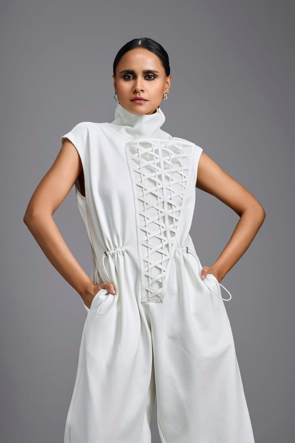 Jumpsuit with Woven Leather Panel — Deepika Arora