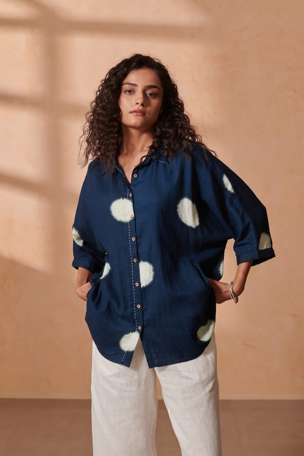 Indigo Ivory Dot Boxy Button-Down Double Gauze Cotton Shirt — ROHO