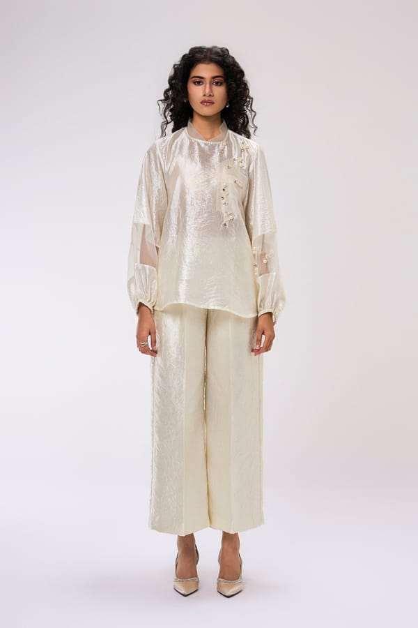 Ivory Shimmer Embellished Co-ord Set with Wide-Leg Trousers — KOR