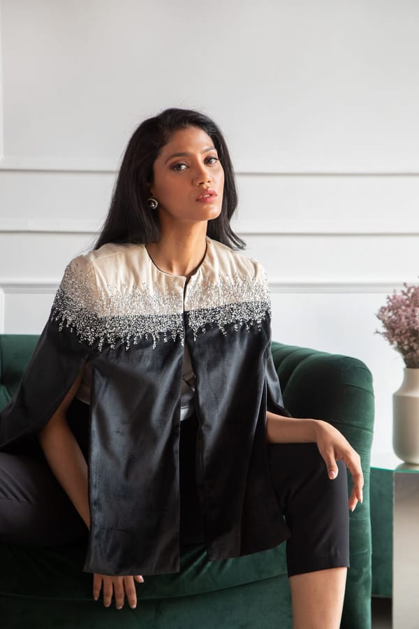 Black and Ivory Embellished Velvet Cape — Rhe-Ana