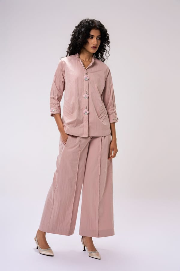 Blush Pink Embellished Shirt and Wide-Leg Co-ord Set — KOR