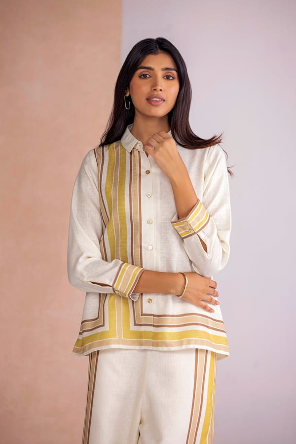 Earth Striped Border Linen-Blend Button-Down Shirt — Kaveri