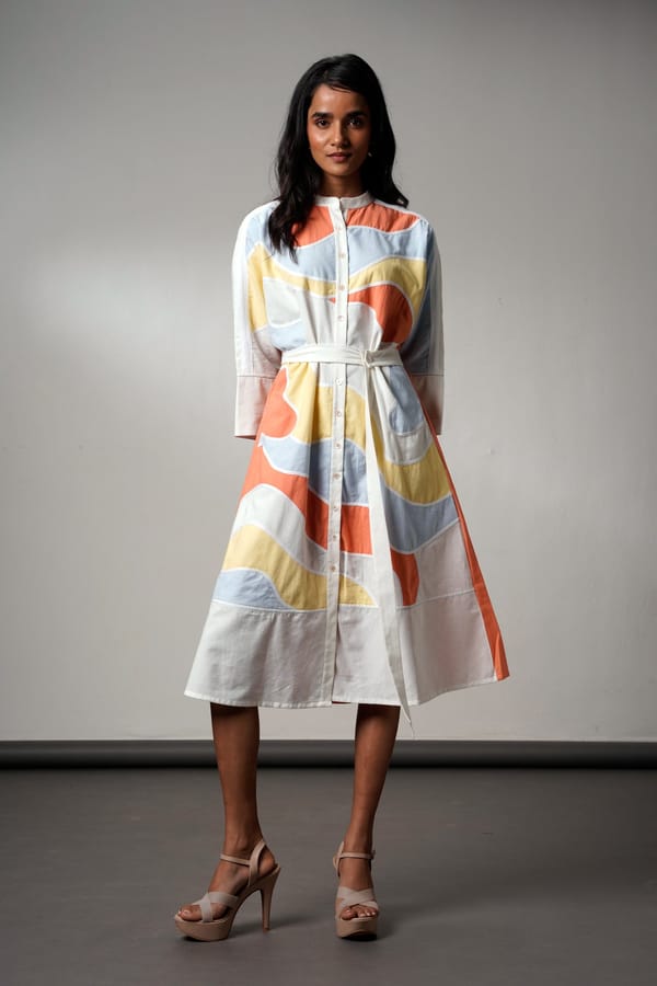 Multicolor Abstract Print Midi Shirt Dress with Belt — Madder Much