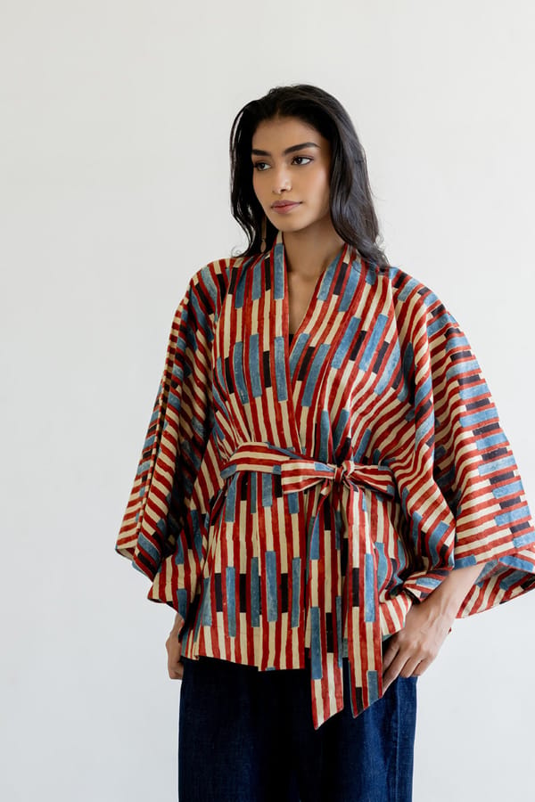 Multicolor Striped Cotton Kimono Overlay Jacket with Belt — Vraj Bhoomi