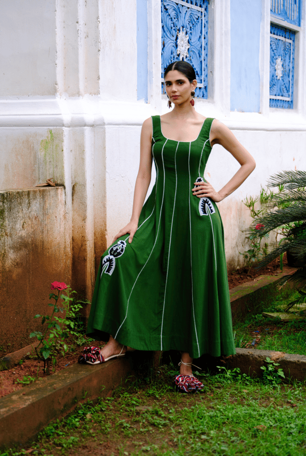 Green Handloom Cotton Fit and Flare Maxi Dress — JODI