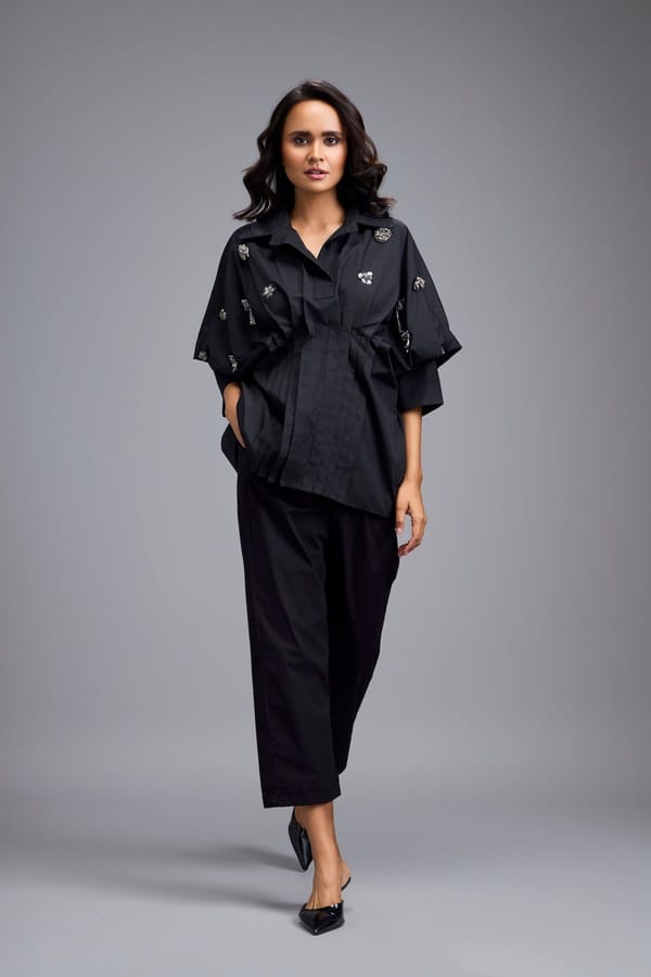 Black Embellished Button-down Shirt With Pants — Deepika Arora