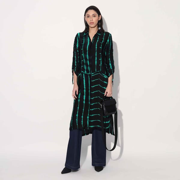 Green/Black Shibori Striped Satin Midi Shirtdress — Linetribe