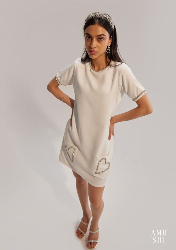 White Crepe Embellished Mini Shift Dress — AMOSHI