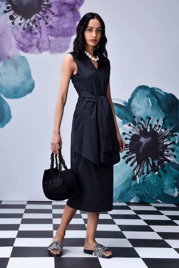 Black Poly Wool Deconstructed Tie-Waist Midi Dress — Genes Lecoanet Hemant