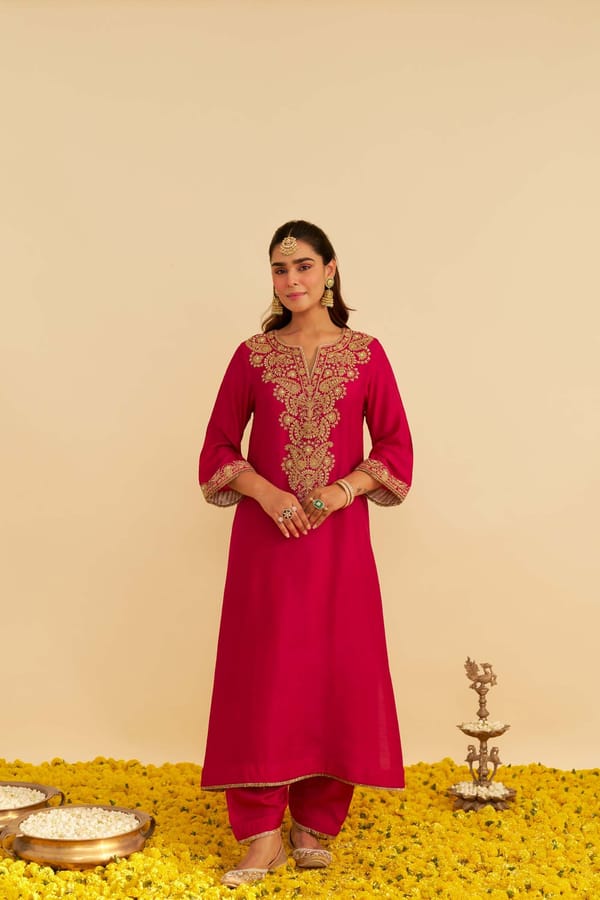 Hotpink Upada Silk Embroidered Kaftan Kurta Set — Sheetal Batra