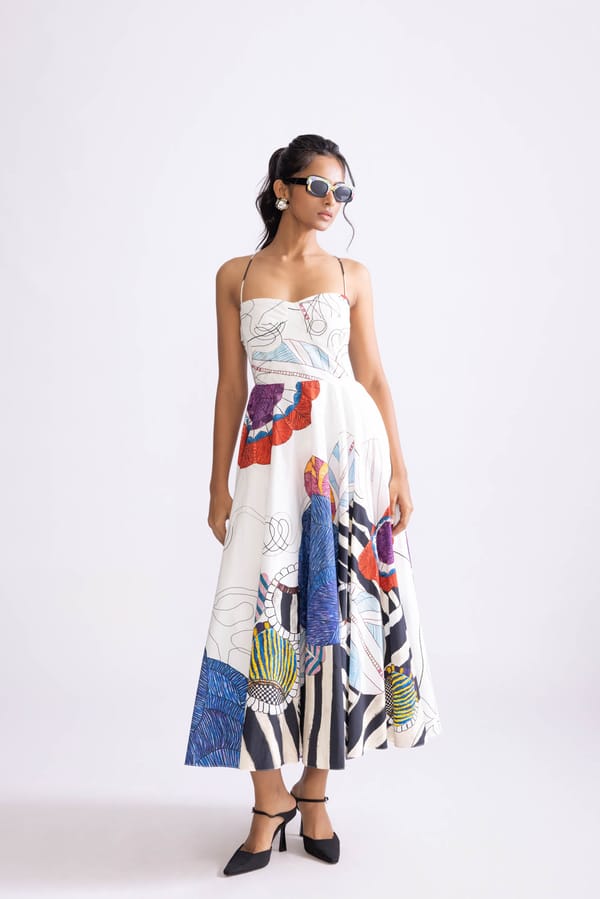 Ivory/Blue Tribal Placement Print Fit and Flare Midi Dress — Saaksha and Kinni