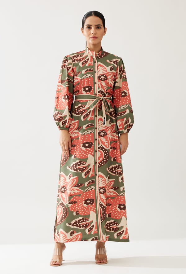 Green Beige And Pink Floral Dress — KoAi