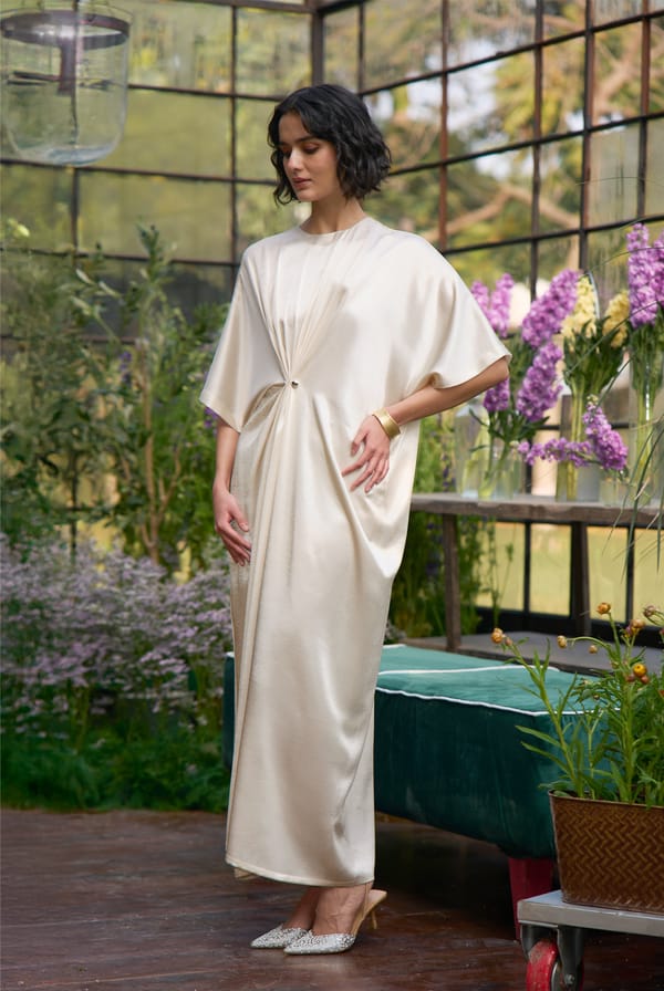 Ivory Satin Kaftan Maxi Dress with Metallic Brooch Detail — Dash and Dot