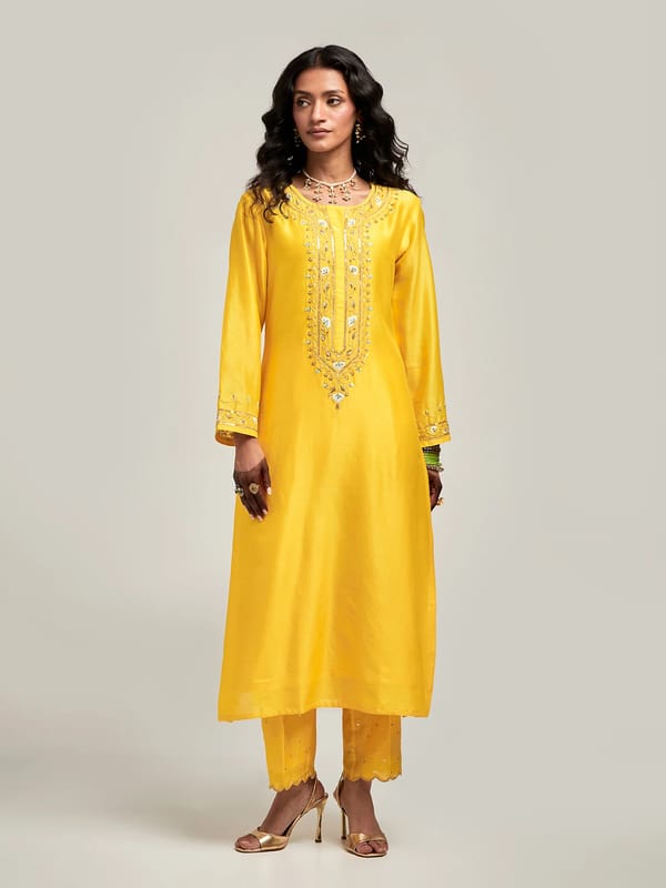 Yellow Silk Chanderi Embroidered Kurta Set with Pants — Anantaa