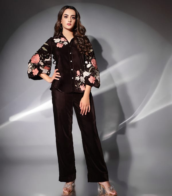 Brown Velvet Floral Applique Co-ord Set — RUCHIKA  MALLIKA LABEL