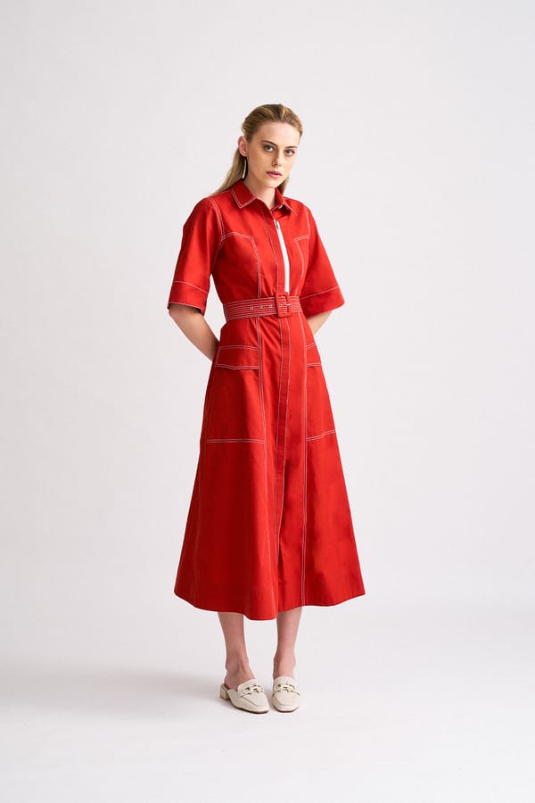Orange Cotton Poplin Utility Shirt Dress with Belt — NOTEBOOK