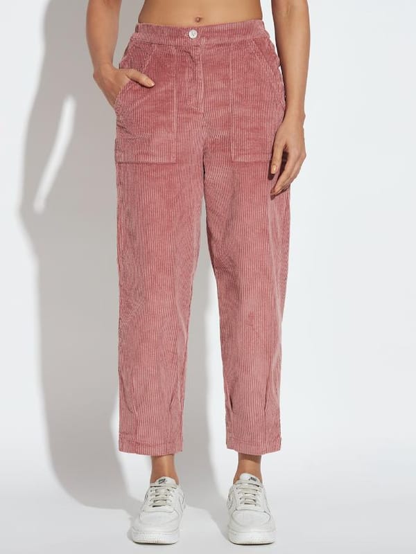 Blush Cotton Corduroy High-Rise Tapered Trousers — Eko Clothing
