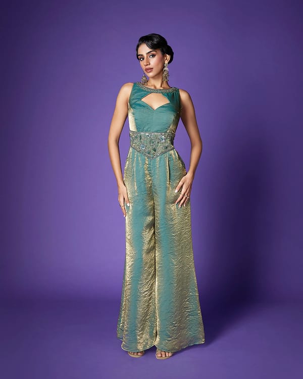 Sea Green Shimmer Tissue Keyhole Wide-Leg Jumpsuit — QUNIC