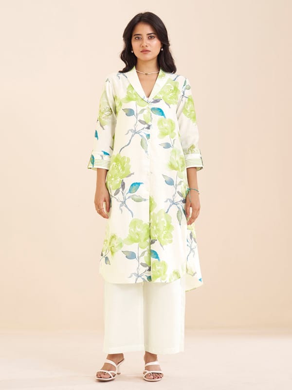 Elegant White Linen Blend Kurta with Green Floral — Truly SMA