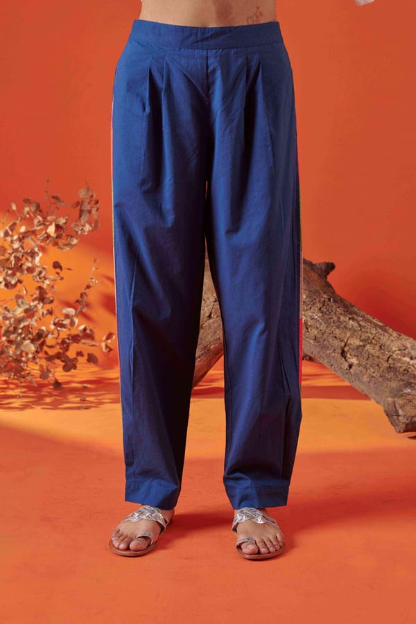 Blue Cotton Relaxed Fit Tapered Pants with Side Piping — Shop Roho