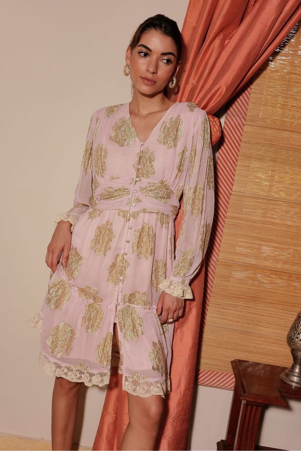 Pink Georgette Midi Dress with Gold Metallic Motifs — BOHO-CHIC