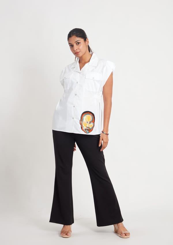 White Meghya Sleeve Shirt with Abstract Face — Richa Goenka