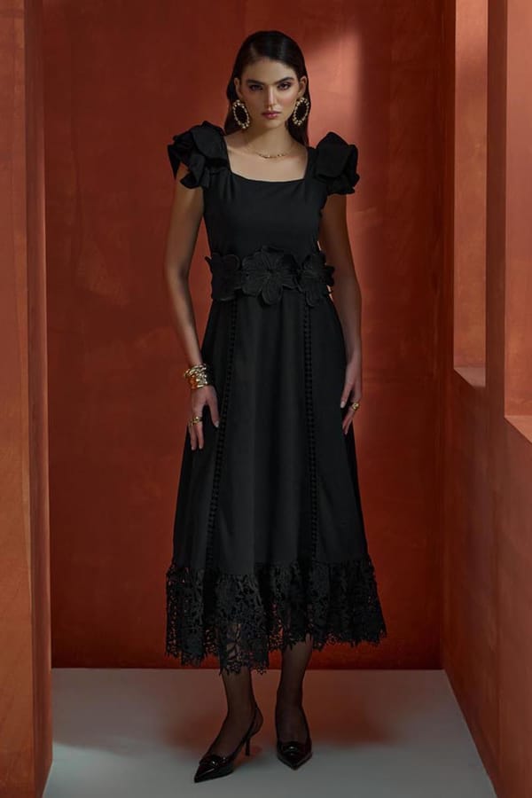 Black Fit and Flare Midi Dress with 3D Floral Waist — BOHO-CHIC