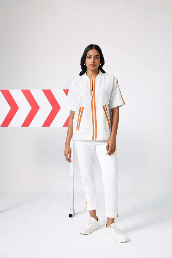 White/Burnt Orange Crepe Mesh Panel Co-ord Set — Shivya K