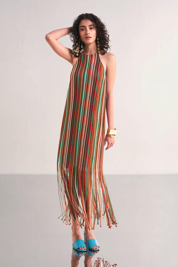 Multicolour Halter Neck Fringe Crochet Knit Midi Dress — Dash and Dot