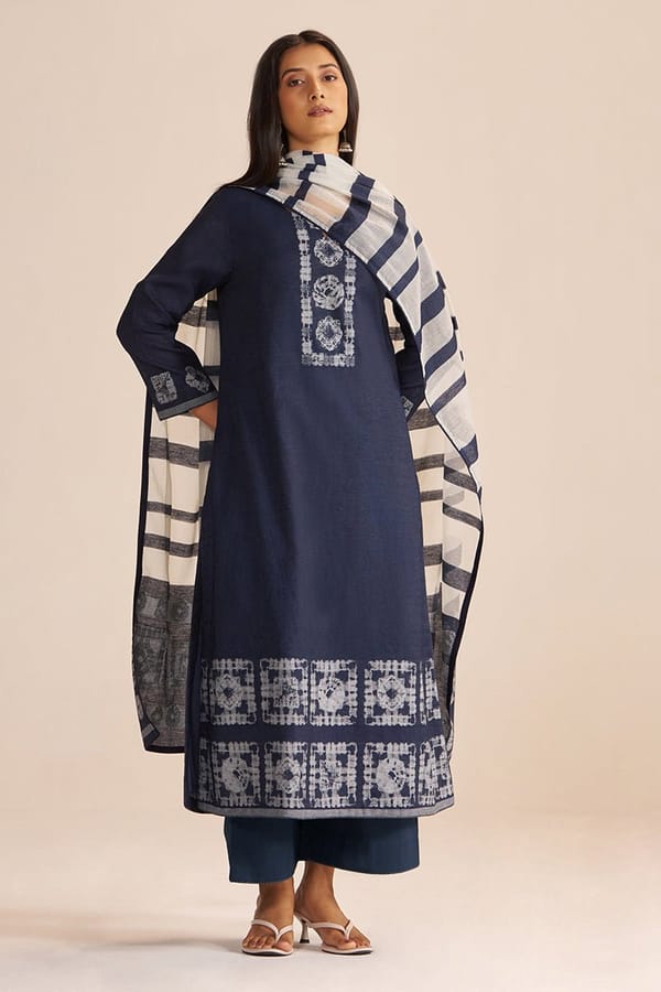 Denim Blue Straight Kurta Set with Striped Dupatta — Ganga Fashions Pvt Ltd